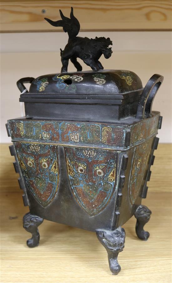 A large Japanese bronze and champleve enamel koro and cover